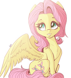 Size: 1000x1100 | Tagged: safe, artist:evehly, derpibooru import, fluttershy, pegasus, pony, looking up, simple background, sitting, solo, spread wings, white background