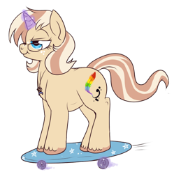 Size: 487x488 | Tagged: safe, artist:lulubell, derpibooru import, oc, oc only, oc:lulubell, chubby, freckles, glasses, magic, simple background, skateboard, solo, transparent background