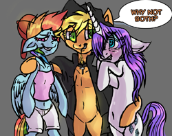 Size: 929x734 | Tagged: safe, derpibooru import, applejack, rainbow dash, rarity, anthro, earth pony, pony, appledash, arm hooves, female, lesbian, raridash, rarijack, rarijackdash, shipping, why not both