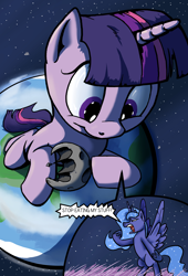 Size: 2000x2933 | Tagged: safe, artist:shieltar, part of a series, part of a set, princess luna, twilight sparkle, unicorn twilight, alicorn, pony, unicorn, comic:giant twilight, angry, cloud, comic, cute, dialogue, edible heavenly object, giant pony, giantess, i think twilight sparkle is not listening because she is to huge, luna is not amused, macro, mega twilight sparkle, moon, planet, size difference, stars, tangible heavenly object, yelling