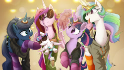 Size: 4000x2250 | Tagged: safe, artist:aquaticsun, artist:ncmares, princess cadance, princess celestia, princess flurry heart, princess luna, twilight sparkle, twilight sparkle (alicorn), alicorn, pony, collaboration, alicorn pentarchy, ask majesty incarnate, aunt and niece, auntie luna, auntie twilight, babscon, clothes, donut, female, food, group, hoodie, ice cream, levitation, licking, magic, mama cadence, mother and child, mother and daughter, open mouth, parent and child, parody, plushie, print, raised hoof, royal sisters, signature, sisters-in-law, socks, striped socks, sunglasses, telekinesis, the hangover, the uses of unicorn horns, tongue out, toy