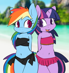 Size: 1157x1229 | Tagged: safe, artist:grumblepluck, color edit, derpibooru import, edit, rainbow dash, twilight sparkle, anthro, unicorn, attached skirt, bandeau, beach, belly button, bikini, clothes, colored, cute, duo, duo female, female, open mouth, side-tie bikini, swimsuit, uncanny valley