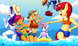 Size: 2500x1500 | Tagged: safe, artist:skecchiart, derpibooru import, apple bloom, applejack, rainbow dash, rarity, scootaloo, sweetie belle, anthro, earth pony, pony, belly button, bikini, breasts, clothes, cooler, cutie mark crusaders, female, floaty, freckles, front knot midriff, hat, midriff, ocean, one-piece swimsuit, shorts, squirt gun, swimsuit, water pistol, watergun