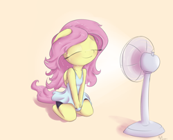 Size: 1850x1500 | Tagged: safe, artist:alasou, derpibooru import, fluttershy, anthro, blushing, cleavage, cute, fan, female, hot, kneeling, messy mane, shyabetes, smiling, solo, sweat