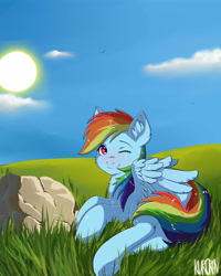 Size: 4000x5000 | Tagged: safe, artist:kuroran, rainbow dash, pegasus, pony, blushing, grass, rcf community, rock, solo, sun, underhoof