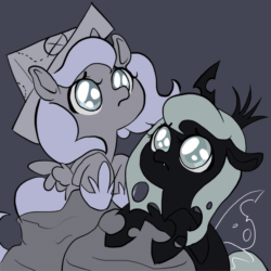 Size: 600x600 | Tagged: safe, artist:zaphy1415926, princess luna, oc, oc:imogen, alicorn, changeling, changeling queen, pony, animated, big eyes, cartographer's cap, changeling oc, changeling queen oc, cute, eye shimmer, female, filly, hat, lunabetes, moonstuck, weapons-grade cute, woona