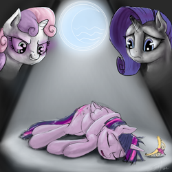 Size: 5000x5000 | Tagged: safe, artist:silfoe, derpibooru import, rarity, sweetie belle, twilight sparkle, twilight sparkle (alicorn), alicorn, pony, unicorn, absurd resolution, broken horn, element of magic, fanfic, fanfic art, fanfic cover, female, frown, grin, mare, on side, smiling, spotlight, worried