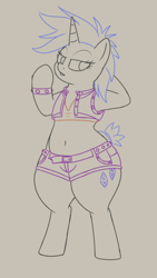 Size: 334x593 | Tagged: safe, artist:andelai, rarity, pony, semi-anthro, unicorn, it isn't the mane thing about you, alternate hairstyle, belly button, bracelet, clothes, female, jewelry, lidded eyes, punk, raripunk, shorts, sketch, solo, vest, wide hips