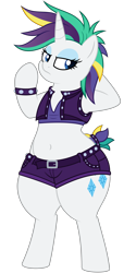Size: 4688x9375 | Tagged: safe, artist:andelai, artist:besttubahorse, rarity, pony, semi-anthro, unicorn, collaboration, it isn't the mane thing about you, absurd resolution, alternate hairstyle, belly button, belt, bipedal, bracelet, chubby, clothes, female, jewelry, lidded eyes, midriff, punk, raripunk, shorts, simple background, solo, transparent background, unamused, vector, vector trace, vest, wide hips