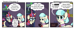 Size: 1200x469 | Tagged: safe, artist:digitaldasherbot, coco pommel, moondancer, comic:threads of friendship, blushing, comic, gritted teeth, scrunchy face, sweat