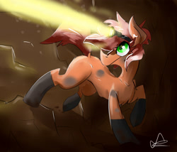 Size: 3500x3000 | Tagged: safe, artist:rayadra, oc, oc only, oc:ruby streak, earth pony, pony, cavern, flashlight (object), headlamp, solo