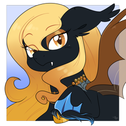 Size: 1500x1500 | Tagged: safe, artist:inkie-heart, oc, oc only, oc:regina liliac, bat pony, pony, bracelet, fangs, female, looking at you, mare, royalty, solo, unamused