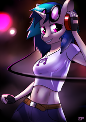 Size: 2059x2912 | Tagged: safe, artist:greenfireartist, dj pon-3, vinyl scratch, anthro, unicorn, belly button, clothes, female, headphones, looking at you, midriff, shirt, solo