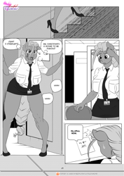 Size: 1200x1697 | Tagged: safe, artist:pia-sama, oc, oc:00284, anthro, earth pony, plantigrade anthro, comic:tardy, black and white, braided ponytail, braided tail, clothes, comic, explicit source, facial tattoo, female, grayscale, high heels, legs, lustful diamond, miniskirt, monochrome, necktie, shoes, skirt, solo, thought bubble