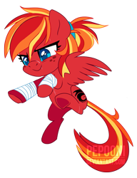 Size: 519x677 | Tagged: safe, artist:pepooni, oc, oc only, oc:fire strike, pegasus, pony, bandage, female, flying, mare, ponytail, scar, underhoof