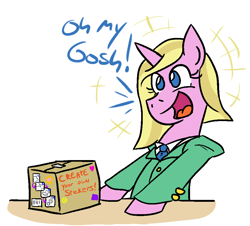 Size: 930x840 | Tagged: safe, artist:jargon scott, oc, oc only, oc:limit state, pony, unicorn, box, clothes, cute, dialogue, happy, necktie, solo, sticker, suit, table