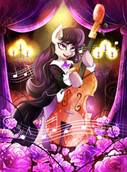 Size: 2300x3100 | Tagged: safe, artist:invidiata, octavia melody, earth pony, pony, bipedal, bowtie, candle, cello, cheek fluff, clothes, curtains, ear fluff, female, flower, hoof hold, leg fluff, looking at you, mare, music notes, musical instrument, open mouth, rose, solo, suit