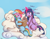 Size: 2250x1750 | Tagged: dead source, safe, artist:alasou, rainbow dash, twilight sparkle, twilight sparkle (alicorn), alicorn, pegasus, pony, adorkable, book, cloud, cloudy, critical hug failure, crying, cute, dashabetes, dialogue, dork, ear fluff, eyepatch, female, floppy ears, fluffy, frown, glowing horn, implied horn impalement, injured, lesbian, magic, mare, on a cloud, open mouth, reading, reality ensues, shipping, sitting, telekinesis, twiabetes, twidash, unamused, unicorn problems
