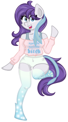 Size: 1767x3146 | Tagged: safe, artist:partylikeanartist, oc, oc only, oc:indigo wire, anthro, anthro oc, anthroquestria, cel shading, clothes, cute, ribbon, shorts, simple background, solo, stockings, sweater, transparent background