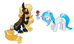 Size: 1024x614 | Tagged: safe, artist:kaikururu, oc, oc only, oc:bubble lee, oc:gent lee, oc:regina liliac, bat pony, pony, unicorn, blushing, female, flower, magic, male, mare, rose, rule 63, shipping, simple background, stallion, straight, telekinesis, transparent background