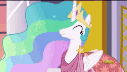 Size: 900x506 | Tagged: safe, screencap, princess celestia, twilight sparkle, twilight sparkle (alicorn), alicorn, pony, make new friends but keep discord, animated, clothes, cute, cutelestia, dress, excited, eyes closed, female, frown, gala dress, mare, open mouth, pushing, raised hoof, smiling, spread wings, talking, trollestia, wide eyes, wing hands, wing shove