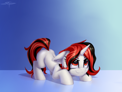 Size: 3000x2270 | Tagged: safe, artist:setharu, derpibooru import, oc, oc only, pony, unicorn, behaving like a cat, female, filly, gradient background, horn, imminent pounce, not blackjack, solo