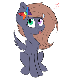 Size: 1177x1302 | Tagged: safe, artist:noodlerain, oc, oc only, oc:noodle rain, pegasus, pony, :p, :t, cute, heart, heterochromia, looking at you, sitting, smiling, solo, spread wings, tongue out