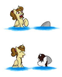 Size: 1300x1600 | Tagged: safe, artist:yooyfull, oc, oc only, oc:katya ironstead, oc:miles, alicorn, pony, alicorn oc, duo, funny, funny face, joke, laughing, oc x oc, prank, scared, shark?, surprised, swimming, this isn't even my final form, water, wet, wet mane