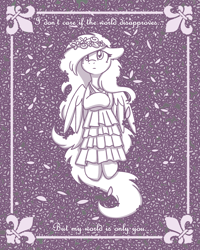 Size: 2048x2560 | Tagged: safe, artist:sugar morning, derpibooru import, oc, oc only, oc:sugar morning, pegasus, pony, clothes, dress, female, fleur-de-lis (symbol), floral head wreath, flower, headdress, mare, monochrome, solo, text