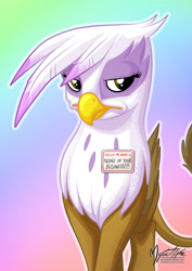 Size: 955x1351 | Tagged: safe, artist:mysticalpha, gilda, griffon, the lost treasure of griffonstone, cute, female, frown, gilda is not amused, gildadorable, lidded eyes, looking at you, name tag, solo, that was fast, unamused