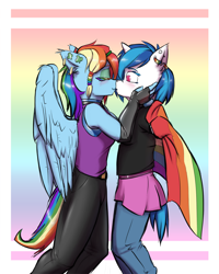 Size: 1280x1600 | Tagged: safe, artist:krd, dj pon-3, rainbow dash, vinyl scratch, anthro, clothes, ear piercing, female, gay pride flag, ireland, kissing, lesbian, lgbt, piercing, pride, shipping, skirt, vinyldash