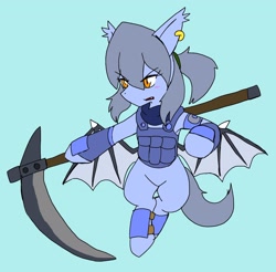 Size: 2048x2019 | Tagged: safe, artist:omegapony16, derpibooru import, oc, oc only, oc:oriponi, bat pony, pony, armor, bat pony oc, ear piercing, earring, female, flying, jewelry, mare, piercing, scythe, simple background, solo