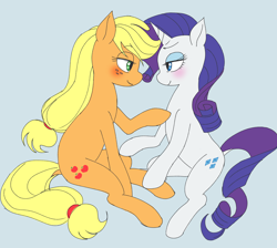 Size: 2384x2138 | Tagged: safe, artist:haibaratomoe, derpibooru import, applejack, rarity, earth pony, pony, unicorn, blue background, blushing, eye contact, female, lesbian, looking at each other, mare, rarijack, shipping, simple background, sitting