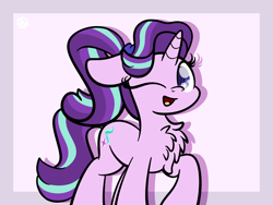 Size: 2560x1920 | Tagged: safe, artist:kimjoman, derpibooru import, starlight glimmer, pony, unicorn, ;d, alternate hairstyle, chest fluff, cute, female, glimmerbetes, high res, looking at you, mare, one eye closed, open mouth, ponytail, simple background, solo, white background