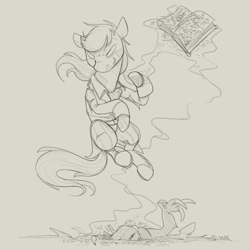 Size: 1200x1200 | Tagged: safe, artist:sinrar, derpibooru import, oc, oc only, oc:aleph, crystal pony, demon, book, levitation, magic, monochrome, simple background, sketch, summoning, telekinesis