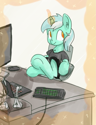 Size: 773x1000 | Tagged: safe, artist:mrrowboat, lyra heartstrings, pony, semi-anthro, camera, clothes, computer, computer mouse, desk, female, hooves on the table, keyboard, laptop computer, magic, mare, monitor, pov, shirt, shorts, smiling, solo, telekinesis, underhoof