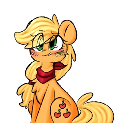 Size: 2000x2000 | Tagged: safe, artist:thieftea, derpibooru import, applejack, earth pony, pony, bandana, blushing, chest fluff, cute, eye clipping through hair, female, hatless, high res, jackabetes, mare, missing accessory, neckerchief, simple background, sitting, smiling, solo, straw in mouth, white background