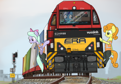 Size: 3508x2448 | Tagged: safe, artist:orang111, carrot top, flitter, golden harvest, minuette, clothes, g2000bb, hanging, locomotive, tattoo, tongue out, train, uniform, vossloh g2000bb