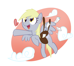 Size: 900x800 | Tagged: safe, artist:katichu-blog, derpibooru import, derpy hooves, pegasus, pony, abstract background, cloud, cute, derpabetes, envelope, female, flying, heart, letter, mailpony, mare, open mouth, satchel, simple background, solo, transparent background