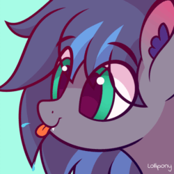Size: 500x500 | Tagged: safe, artist:lollipony, derpibooru import, part of a set, oc, oc only, oc:midnight aegis, bat pony, pony, :p, animated, bust, cute, ear fluff, eye shimmer, gif, male, ocbetes, pbbtt, portrait, raspberry, silly, silly pony, simple background, solo, spit, spittle, stallion, tongue out, ych result