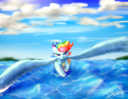 Size: 5314x4133 | Tagged: safe, artist:elzzombie, rainbow dash, pegasus, pony, absurd resolution, flying, glare, large wings, looking at you, smirk, solo, spread wings, water