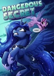 Size: 1002x1417 | Tagged: safe, artist:hattiezazu, derpibooru import, princess luna, twilight sparkle, twilight sparkle (alicorn), alicorn, pony, curved horn, horn