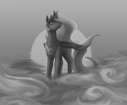 Size: 1450x1199 | Tagged: safe, artist:stray prey, derpibooru import, princess celestia, alicorn, pony, female, fog, monochrome, solo, sunset, water