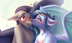 Size: 2500x1500 | Tagged: safe, artist:fenwaru, derpibooru import, oc, oc:starry song, oc:thunder run, bat pony, pony, blushing, female, kiss on the cheek, kissing, male, mare, stallion, starun, straight, surprise kiss