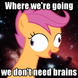 Size: 600x600 | Tagged: safe, scootaloo, derp, event horizon, horsehead nebula, image macro, meme, space, wat