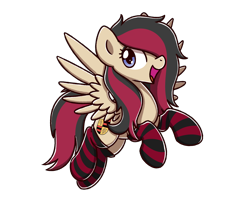 Size: 2560x2048 | Tagged: safe, artist:sugar morning, derpibooru import, oc, oc:carrera swiftwings, oc:porsche speedwings, pegasus, pony, blue eyes, cel shading, clothes, cute, euphoric, female, flying, happy, long hair, long mane, mare, open mouth, pegasus oc, rule 63, shading, simple background, socks, solo, spread wings, striped socks, tan coat, thigh highs, transparent background, wings, yay