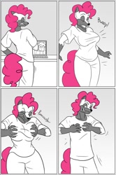 Size: 852x1280 | Tagged: safe, artist:clock-face, pinkie pie, anthro, comic:pinkie sense, breast expansion, breast reduction, breasts, comic, female, pinkie pies, pinkie sense, rule 63, transformation, transgender transformation