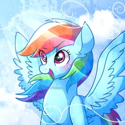 Size: 600x600 | Tagged: safe, artist:dddreamdraw, derpibooru import, rainbow dash, pegasus, pony, blushing, cute, dashabetes, excited, female, happy, mare, spread wings, windswept mane, wings