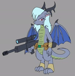 Size: 2024x2048 | Tagged: safe, artist:omegapony16, derpibooru import, oc, oc only, oc:oriponi, anthro, digitigrade anthro, dragon, dragon oc, dragoness, female, gray background, gun, rifle, simple background, solo, weapon