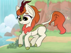 Size: 1600x1200 | Tagged: safe, artist:janelearts, derpibooru import, autumn blaze, kirin, sounds of silence, female, jumping, looking down, solo, waterfall